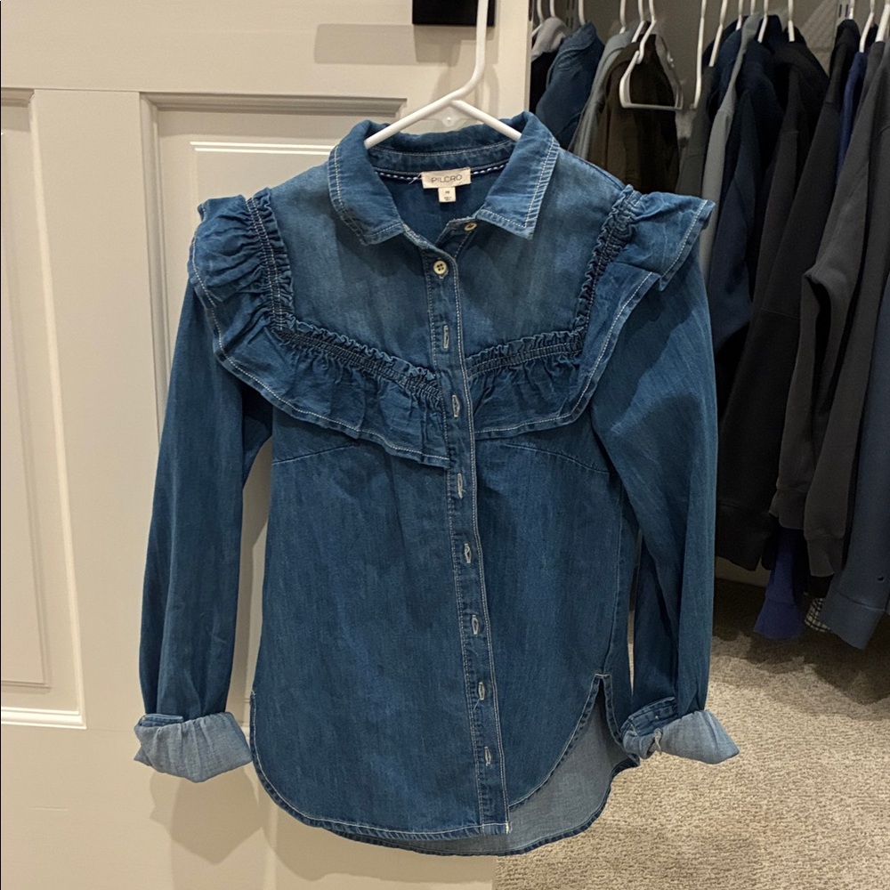 Pilcro Blue Denim Ruffle Top